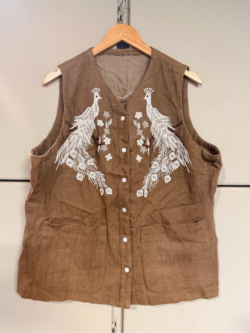 Vintage Handmade Beaded Peacock Vest Brown Snap Front Boho Western L/XL